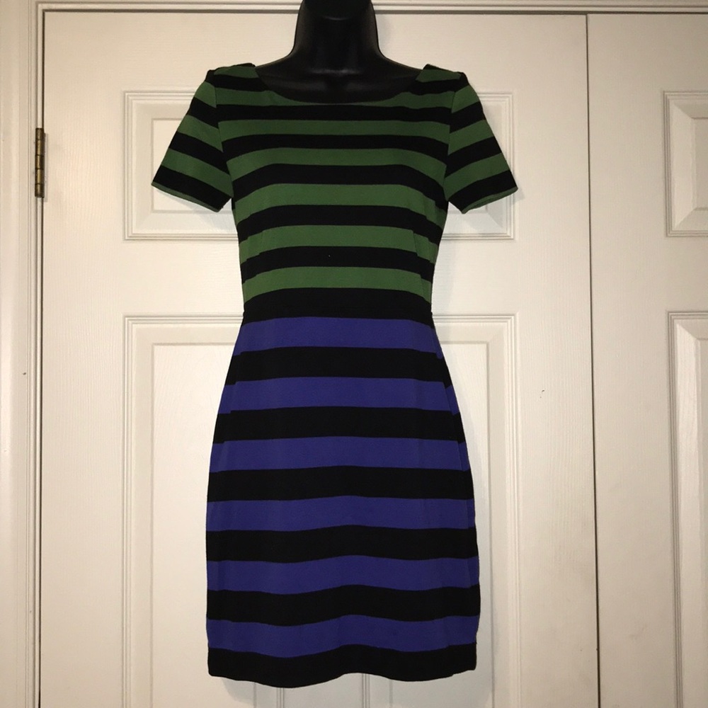 Green, black and blue stripped dress